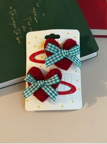 Green Plaid Bow-Knot Plush Heart Christmas Classic Lolita Hair Clip