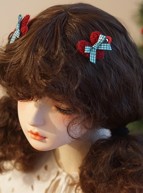 Green Plaid Bow-Knot Plush Heart Christmas Classic Lolita Hair Clip