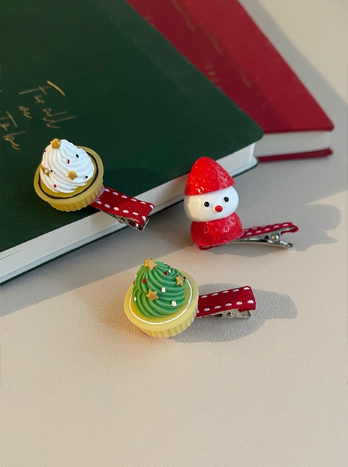 Christmas Tree Cake Strawberry Snowman Simulation Resin Christmas Classic Lolita Hair Clip