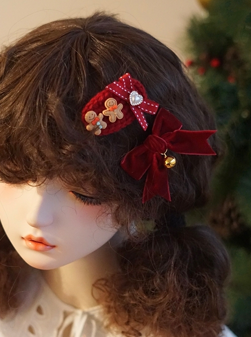 Red Velvet Bow-Knot Bell Decoration Gingerbread Man Christmas Classic Lolita Hair Clip