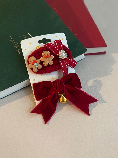 Red Velvet Bow-Knot Bell Decoration Gingerbread Man Christmas Classic Lolita Hair Clip