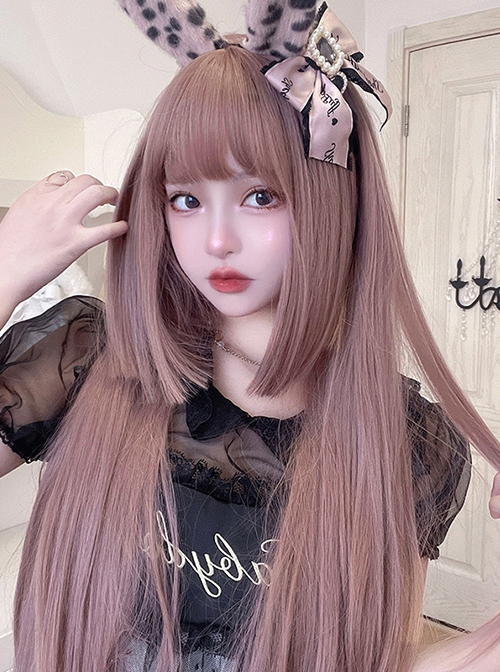 Gray-Pink Natural Simulation Long Straight Hair Classic Lolita Wig