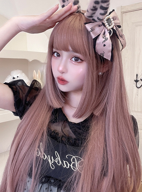 Gray-Pink Natural Simulation Long Straight Hair Classic Lolita Wig