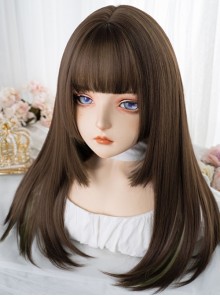 Brown Mixed Color Green Daily Natural Long Straight Hair Air Bangs Classic Lolita Wig