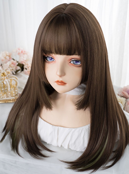 Brown Mixed Color Green Daily Natural Long Straight Hair Air Bangs Classic Lolita Wig