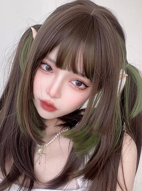 Brown Mixed Color Green Daily Natural Long Straight Hair Air Bangs Classic Lolita Wig