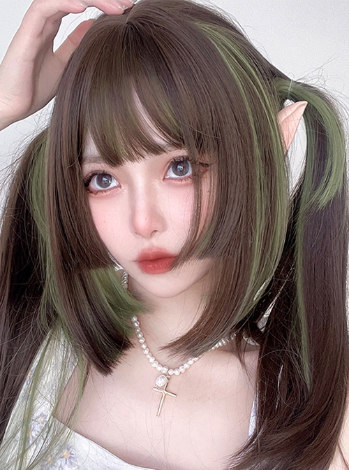 Brown Mixed Color Green Daily Natural Long Straight Hair Air Bangs Classic Lolita Wig