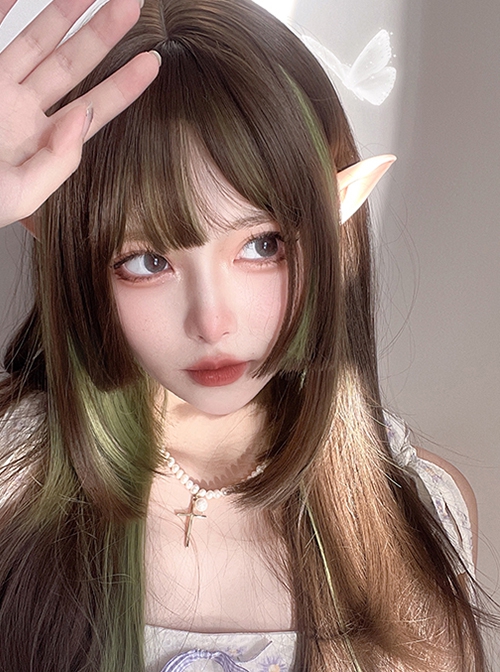 Brown Mixed Color Green Daily Natural Long Straight Hair Air Bangs Classic Lolita Wig