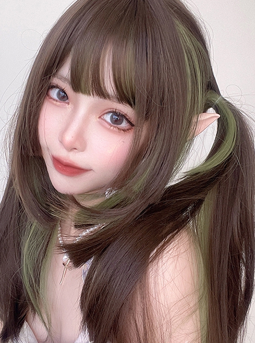 Brown Mixed Color Green Daily Natural Long Straight Hair Air Bangs Classic Lolita Wig