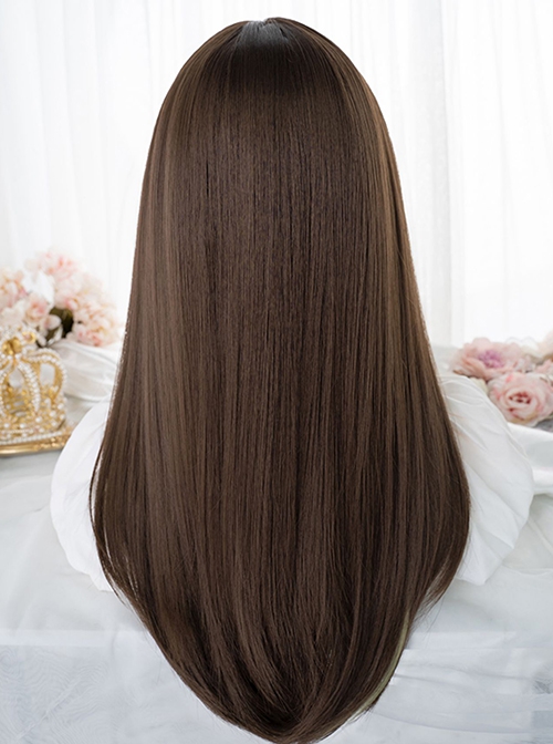 Brown Mixed Color Green Daily Natural Long Straight Hair Air Bangs Classic Lolita Wig