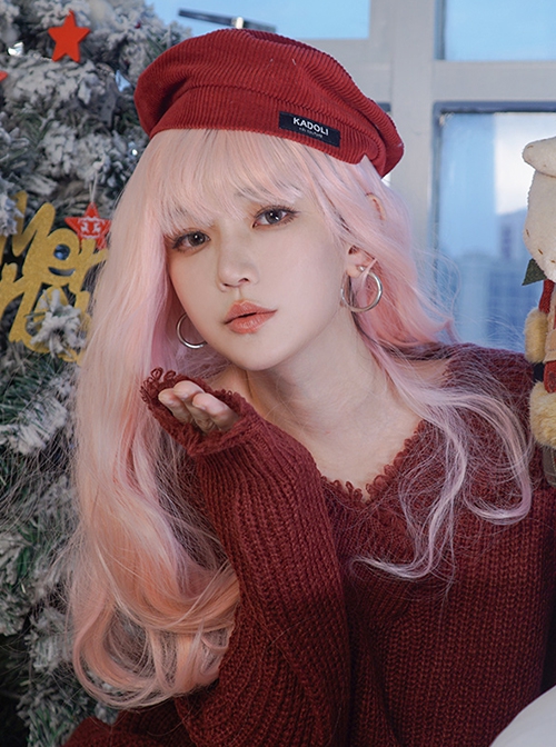 Pink Japanese Soft Girl Cute Gradient Air Bangs Wool Curly Long Curly Hair Sweet Lolita Wig