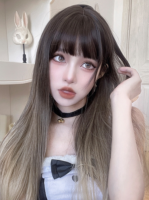 Black Brown Gradient Milk Tea Gold Air Bangs Natural Long Straight Hair Classic Lolita Wig