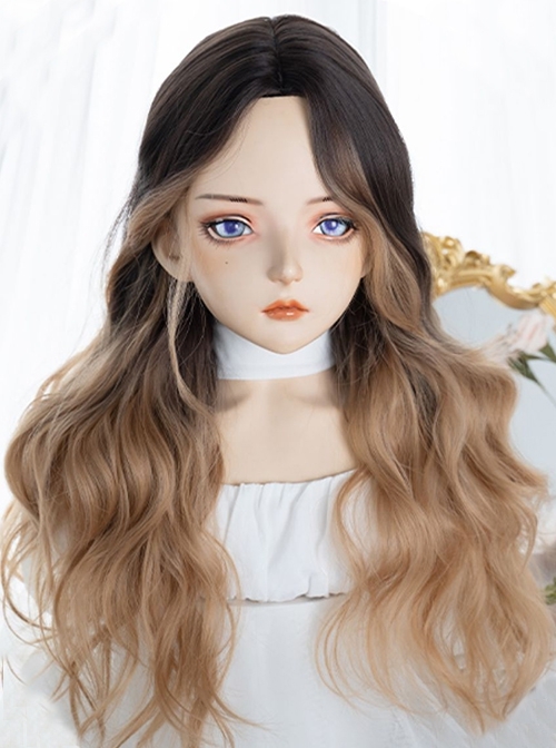 Black Brown Gradient Milk Tea Gold Fashion Middle Part Cute Gradient Long Curly Hair Classic Lolita Wig