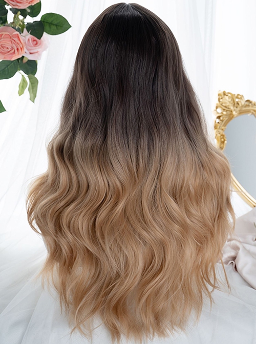 Black Brown Gradient Milk Tea Gold Fashion Middle Part Cute Gradient Long Curly Hair Classic Lolita Wig