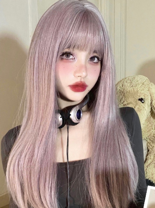 Pink-Purple Mixed Color Cute Japanese Air Bangs Long Straight Hair Classic Lolita Wig