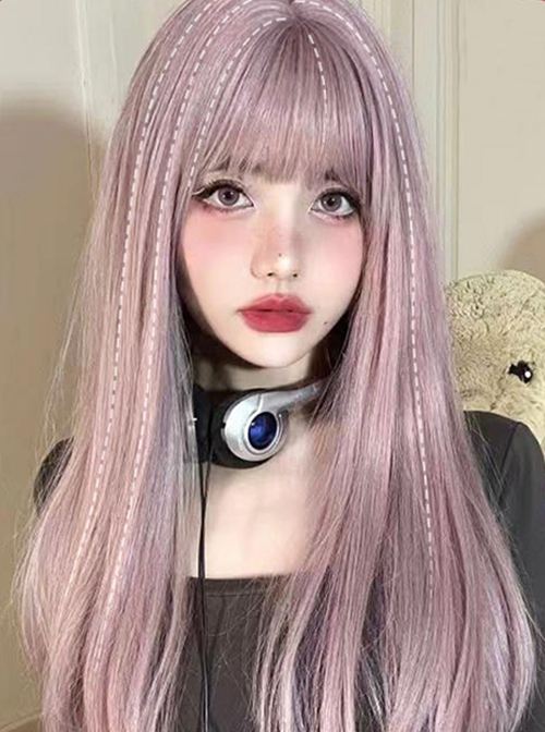 Pink-Purple Mixed Color Cute Japanese Air Bangs Long Straight Hair Classic Lolita Wig