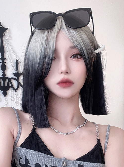 Gray-White Gradient Black Natural Sweet Cool Girl Fashion Short Straight Hair Classic Lolita Wig