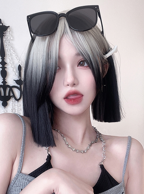 Gray-White Gradient Black Natural Sweet Cool Girl Fashion Short Straight Hair Classic Lolita Wig