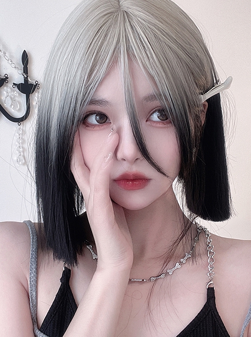 Gray-White Gradient Black Natural Sweet Cool Girl Fashion Short Straight Hair Classic Lolita Wig