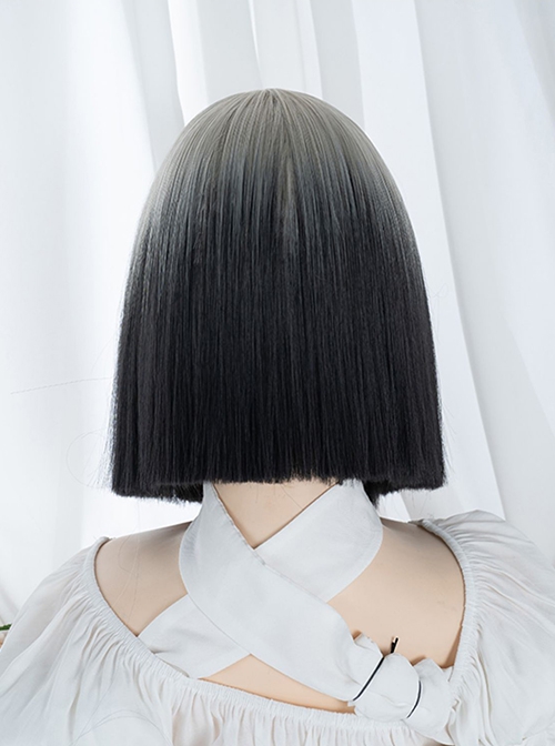 Gray-White Gradient Black Natural Sweet Cool Girl Fashion Short Straight Hair Classic Lolita Wig