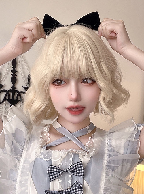White-Golden Qi Bangs Cute Soft Girl Natural Short Curly Hair Sweet Lolita Wig