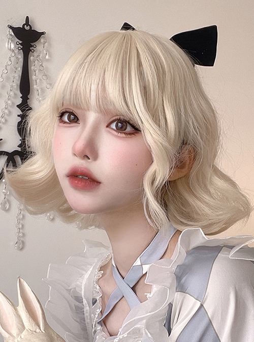 White-Golden Qi Bangs Cute Soft Girl Natural Short Curly Hair Sweet Lolita Wig