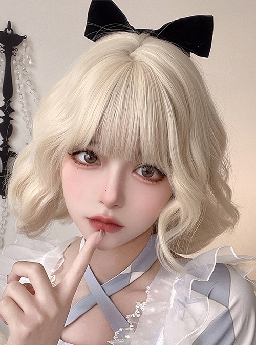 White-Golden Qi Bangs Cute Soft Girl Natural Short Curly Hair Sweet Lolita Wig