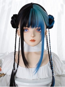 Blue Gradient Mixed Color Daily Natural Broken Bangs Long Straight Hair Punk Lolita Wig