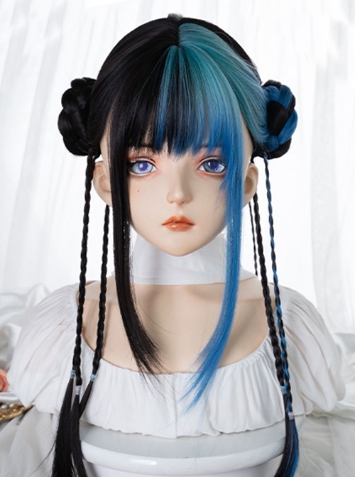 Blue Gradient Mixed Color Daily Natural Broken Bangs Long Straight Hair Punk Lolita Wig