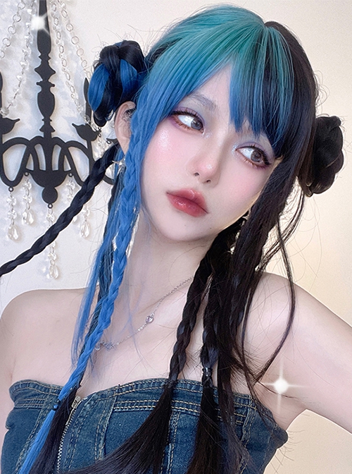 Blue Gradient Mixed Color Daily Natural Broken Bangs Long Straight Hair Punk Lolita Wig