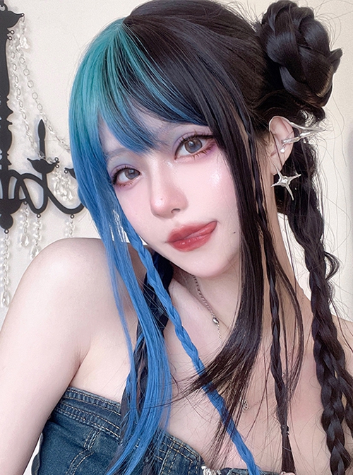 Blue Gradient Mixed Color Daily Natural Broken Bangs Long Straight Hair Punk Lolita Wig