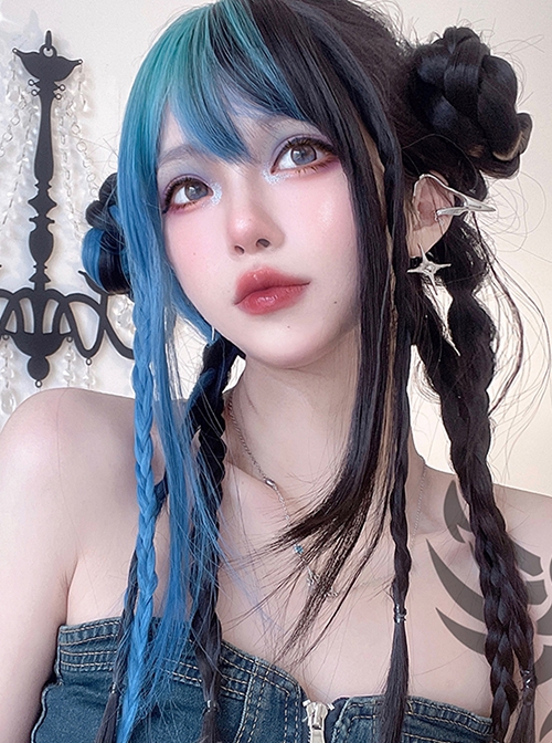 Blue Gradient Mixed Color Daily Natural Broken Bangs Long Straight Hair Punk Lolita Wig