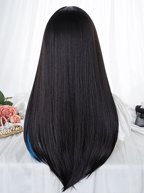 Blue Gradient Mixed Color Daily Natural Broken Bangs Long Straight Hair Punk Lolita Wig