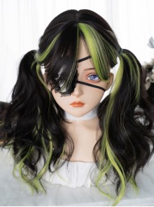 Natural Black Mixed Color Green Gradient Japanese Fashion Long Curly Hair Gothic Lolita Wig