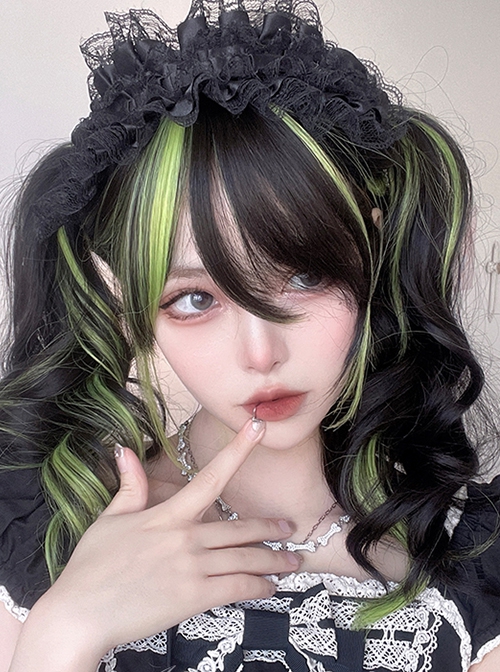 Natural Black Mixed Color Green Gradient Japanese Fashion Long Curly Hair Gothic Lolita Wig