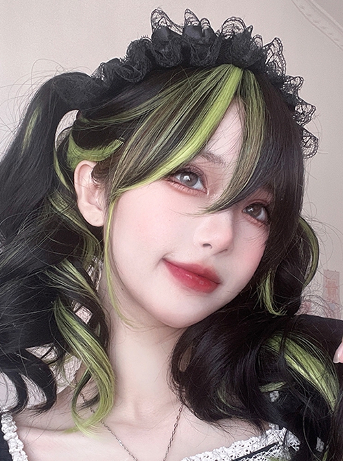 Natural Black Mixed Color Green Gradient Japanese Fashion Long Curly Hair Gothic Lolita Wig