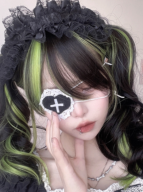 Natural Black Mixed Color Green Gradient Japanese Fashion Long Curly Hair Gothic Lolita Wig