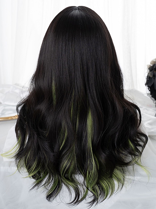 Natural Black Mixed Color Green Gradient Japanese Fashion Long Curly Hair Gothic Lolita Wig