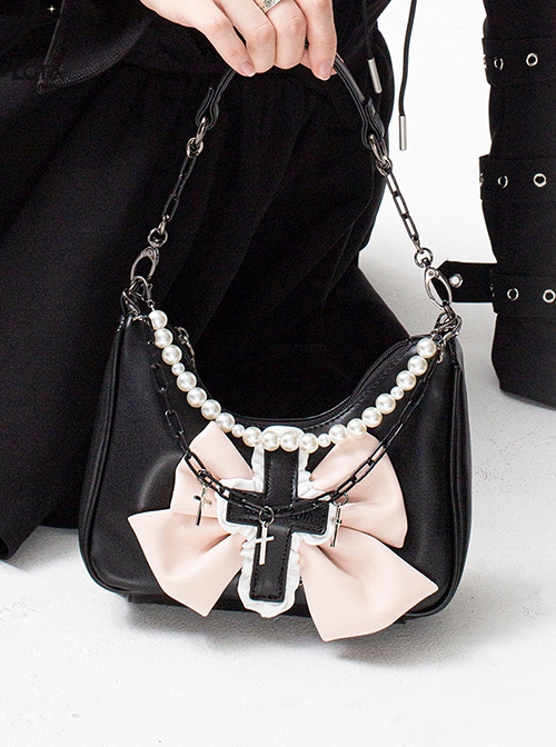 Sweet Cool Pink Bow-Knot Bead Chain Cross Decoration Gothic Lolita Portable Messenger Shoulder Bag