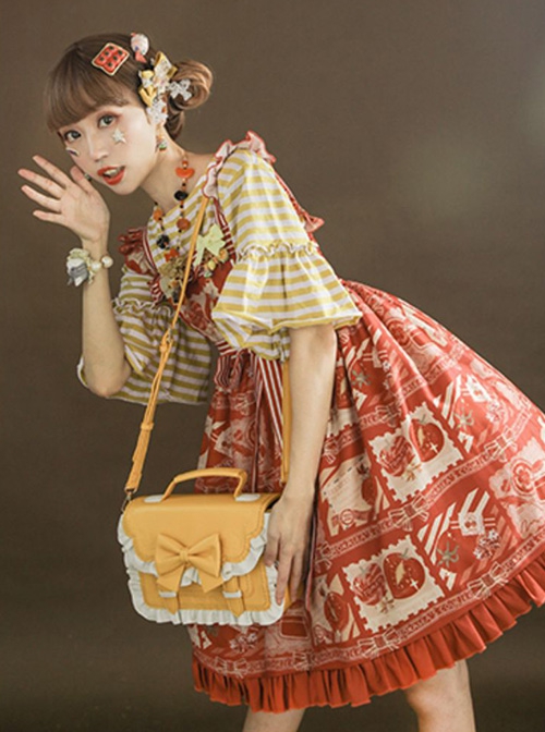 Sugar Cube Cream Series White Ruffles Bowknot Pure Color Square Bag Classic Lolita Bag