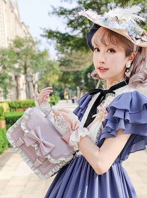 Sugar Cube Cream Series White Ruffles Bowknot Pure Color Square Bag Classic Lolita Bag