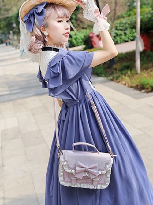 Sugar Cube Cream Series White Ruffles Bowknot Pure Color Square Bag Classic Lolita Bag