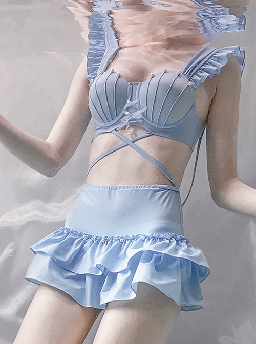 Ariel Series Strappy Hollow Sexy Pearl Decoration Light Blue Classic Lolita Sleeveless Swimsuit Set