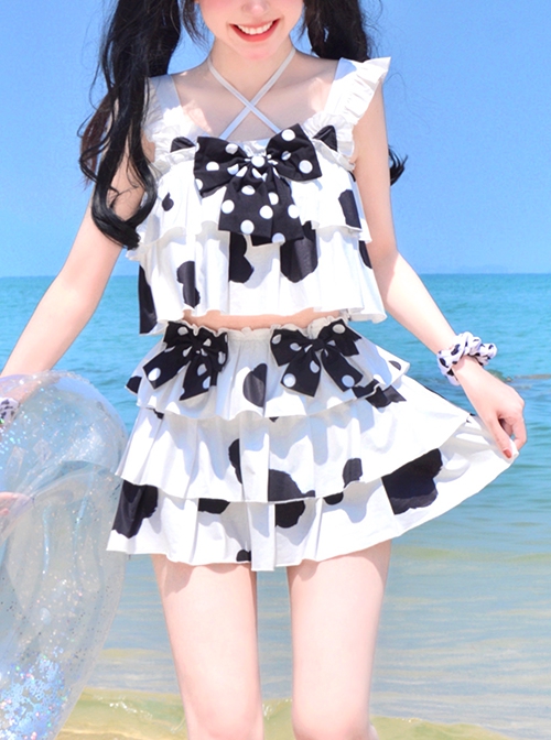 Boer Cat Series Milk Cow Pattern Girly Summer Polka Dot Bow-Knot Decoration Sweet Lolita Split Sleeveless Swimsuit Set