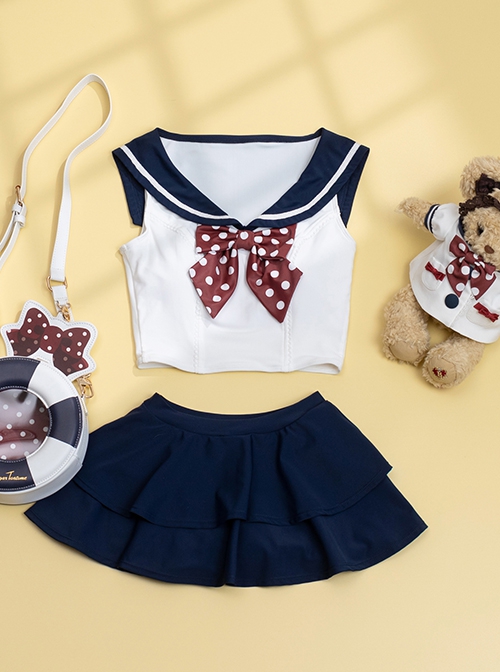 Striped Navy Collar Polka Dot Bow Solid Color Cute Summer Sweet Lolita Split Sleeveless Swimsuit Set