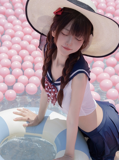 Striped Navy Collar Polka Dot Bow Solid Color Cute Summer Sweet Lolita Split Sleeveless Swimsuit Set