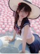 Striped Navy Collar Polka Dot Bow Solid Color Cute Summer Sweet Lolita Split Sleeveless Swimsuit Set