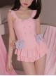 Solid Color Cute Sexy Bow-Knot Decoration Heart Button Ruffle Hem Sweet Lolita Sleeveless One Piece Swimsuit