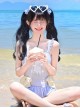 Solid Color Cute Sexy Bow-Knot Decoration Heart Button Ruffle Hem Sweet Lolita Sleeveless One Piece Swimsuit