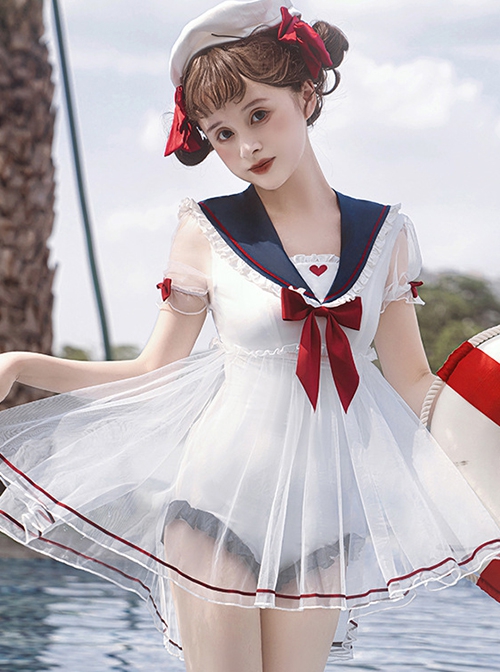 Navy Collar Pullover Rabbit Ears Tulle Hem Design Summer Classic Lolita One-Piece Short-Sleeved Swimsuit